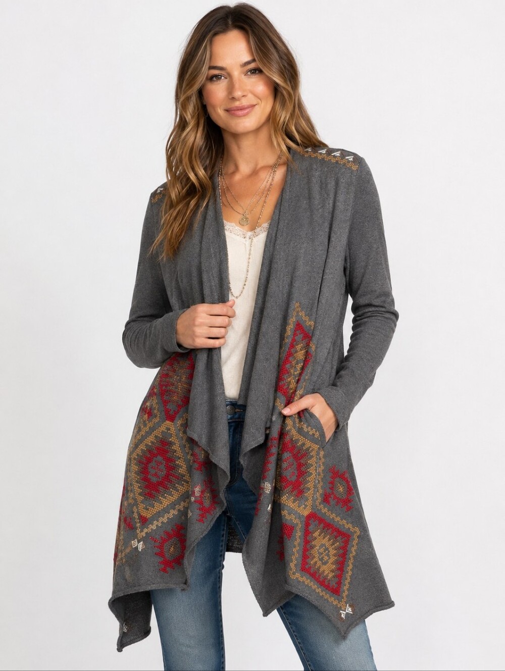 Johnny Was JWLA Embroidered Aztec Waterfall Cardigan Duster Gray Medium Boho